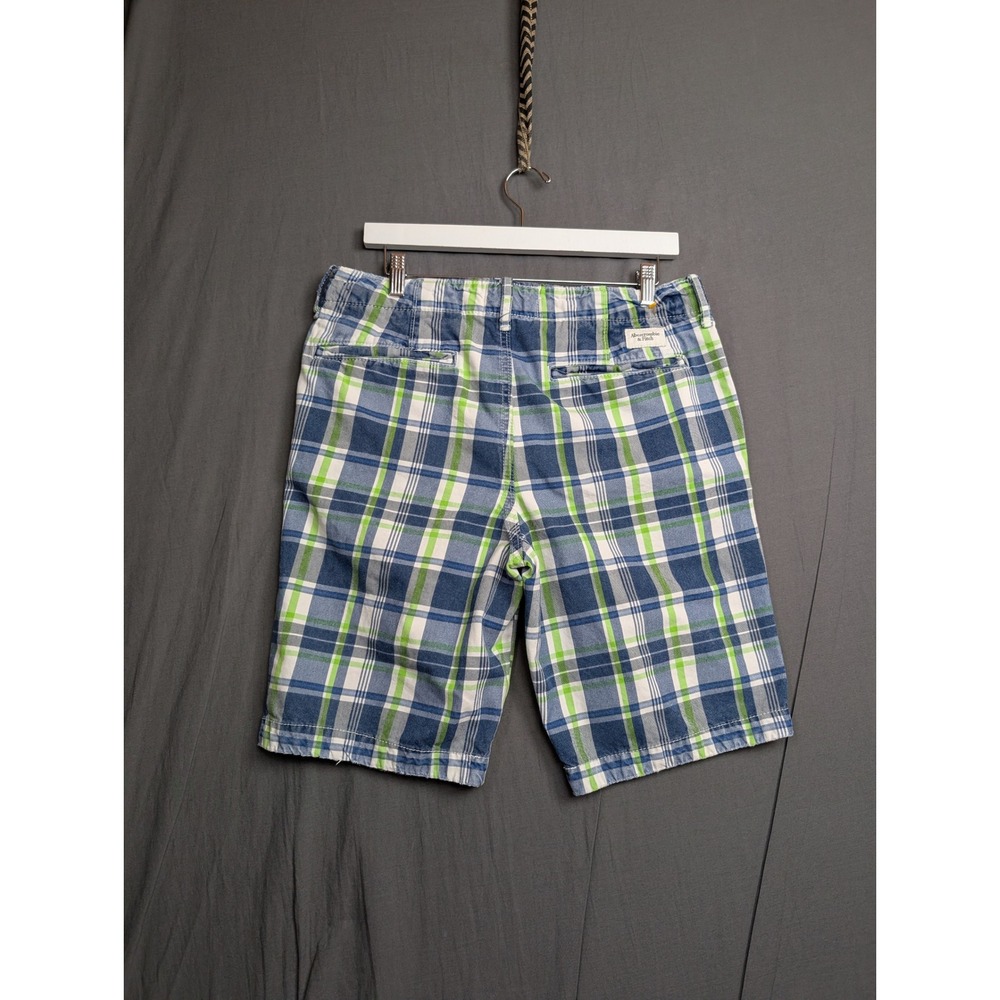 Abercrombie & Fitch‎ Mens Blue Green Plaid Button Fly Flat Front Shorts Size 33